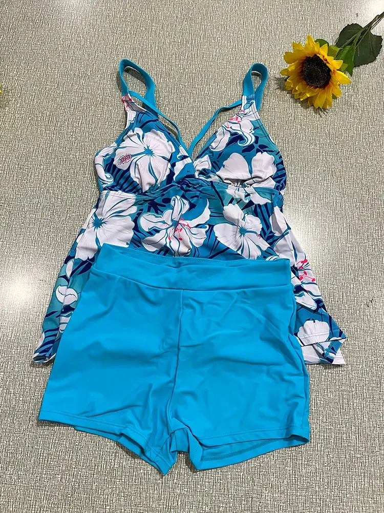 Cross Strap Natural Botanical Print Tankini Set