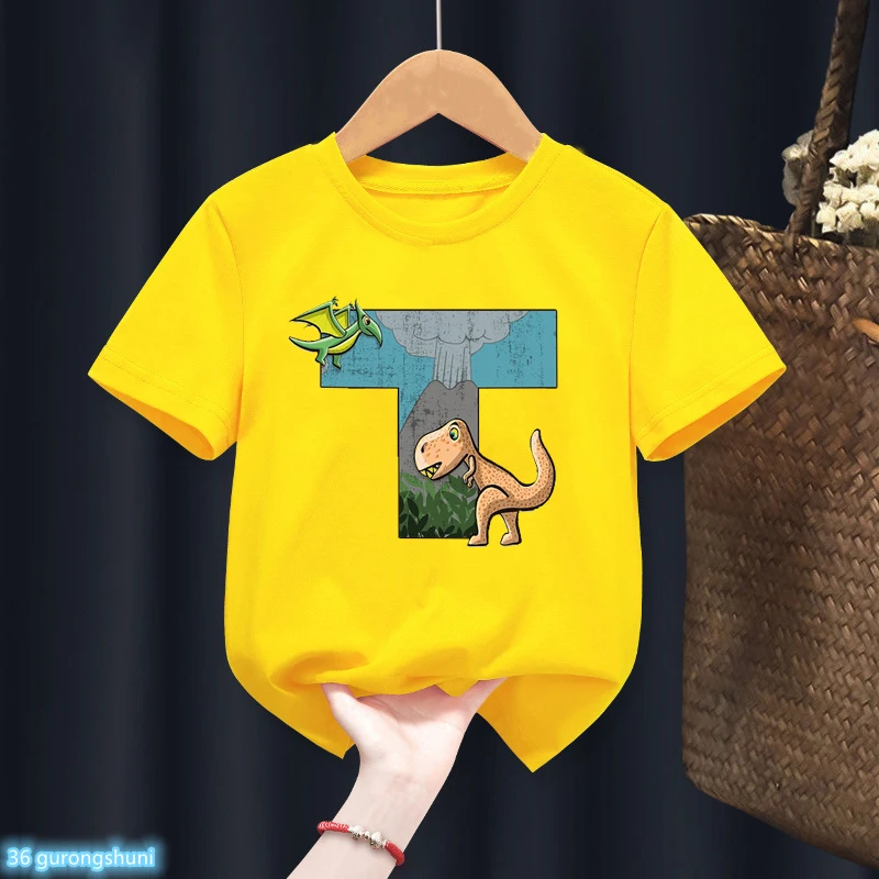 T-Shirt pour garçons avec imprimé de dinosaure et Alphabet, vêtements de fête d'anniversaire pour enfants, à la mode, pour garçons, nouvelle collection, offre spéciale