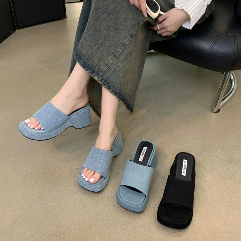 

Black Heels Slippers Blue Denim Platform Wedges Shoes For Women Casual Beach Sandals 2024 Outdoor Summer Slippers Vrouwen