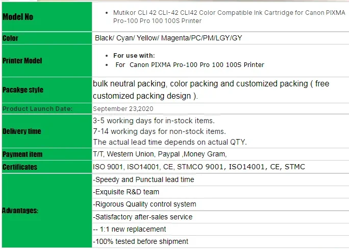 Mutikor CLI 42 CLI-42 CLI42 Color Compatible Ink Cartridge for Canon PIXMA Pro-100 Pro 100 100S Printer