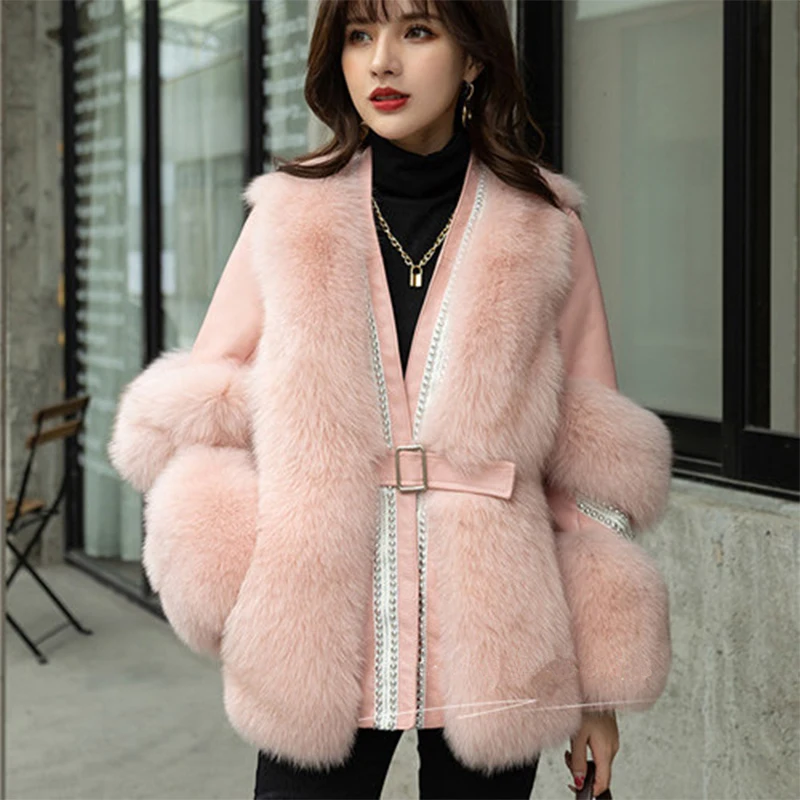 

Autumn Winter Faux Leather Short Fur Coat Ladies Jacket High Quality 2022 Elegant Beading Belt Imitation Fox Fur Coat