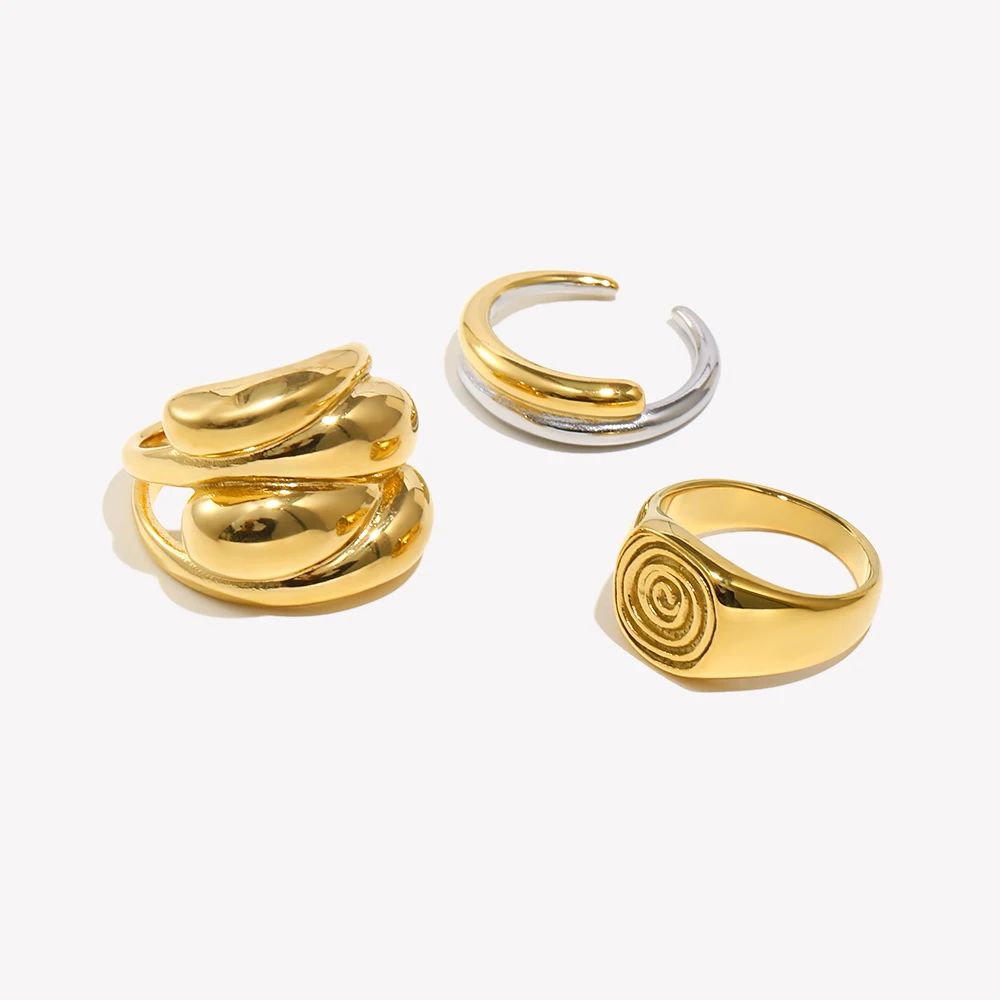 Fingerprint Ring Seal Double Layered Double Color Staggered Lace Rectangular 18K Gold Plated 316L Stainless Steel Ring