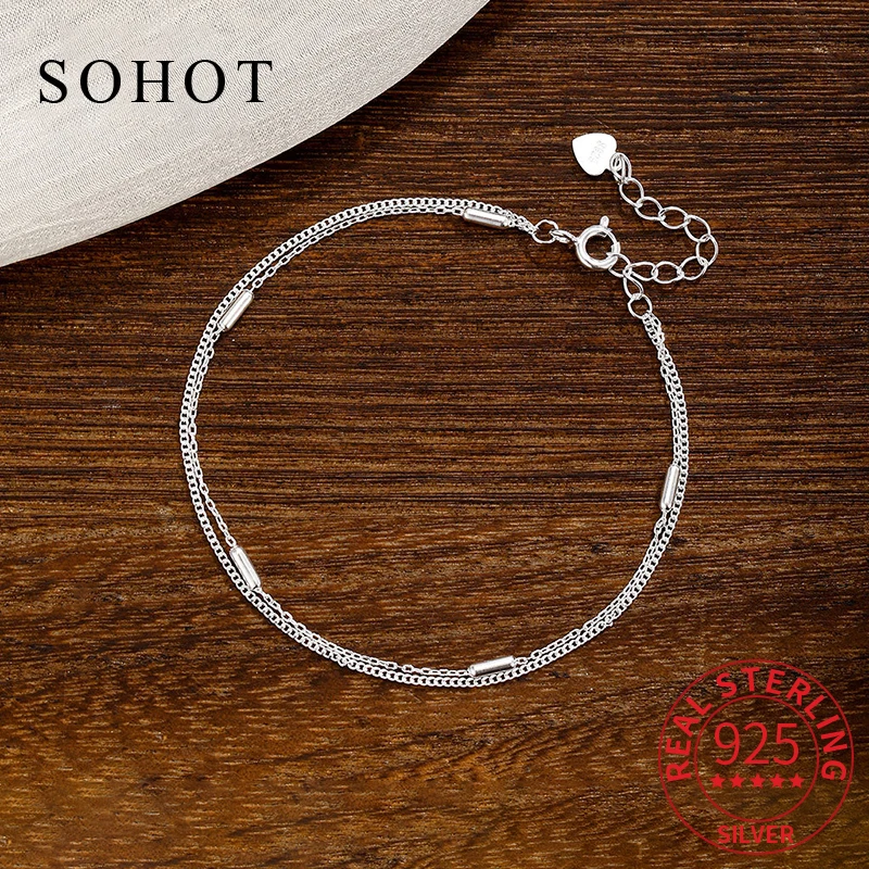 

Real 925 Sterling Silver Trendy Rice Beads Double Chain Bracelet for Charm Women Minimalist Ajustable Fine Jewelry Accessories