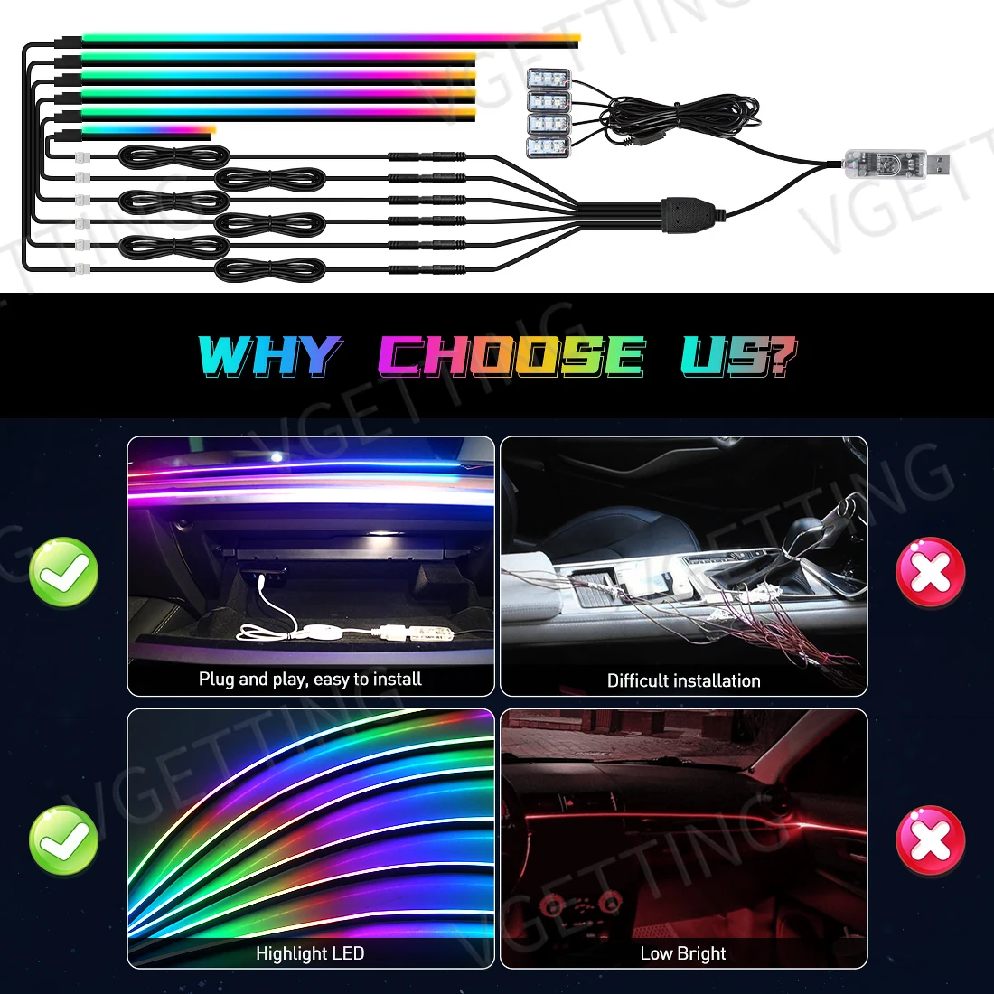 Vgetting Dla Tesla Model 3 Y S X Samochodowe oświetlenie otoczenia 10 w 1 Footwell Uniwersalne lampy atmosferyczne RGB Zdalna zapalniczka do cygar