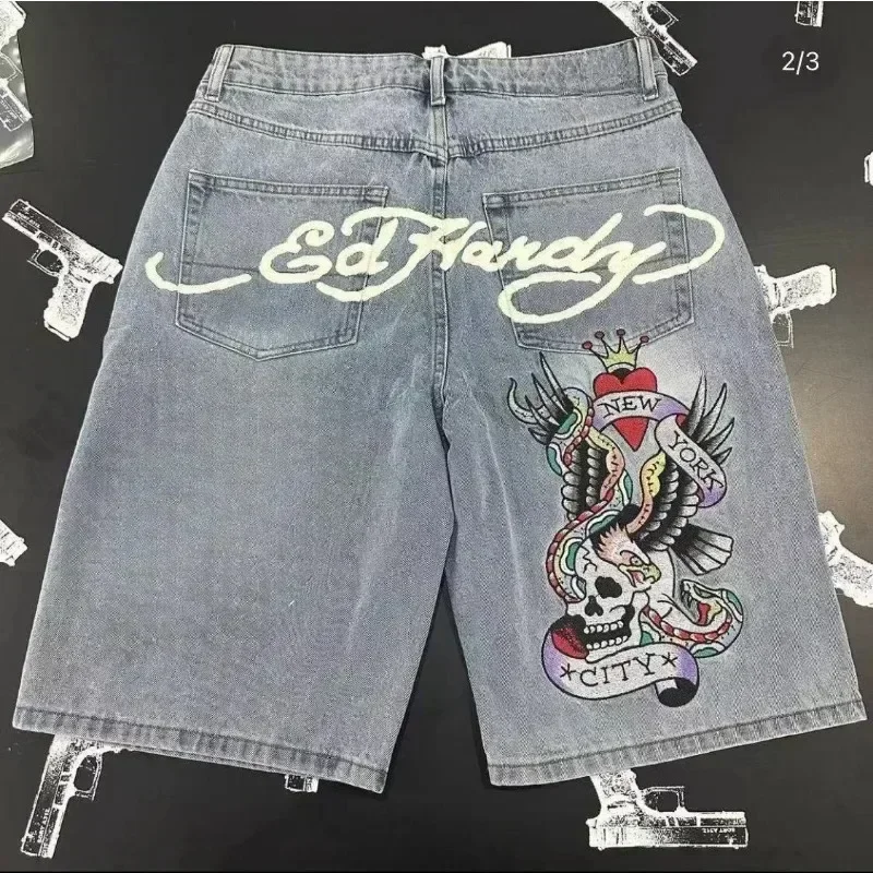 Y2K-pantalones cortos vaqueros con calavera para mujer, Shorts vaqueros con letras a la moda, Vintage, Harajuku, Hip Hop, gótico, Punk, pantalones de pierna ancha para calle