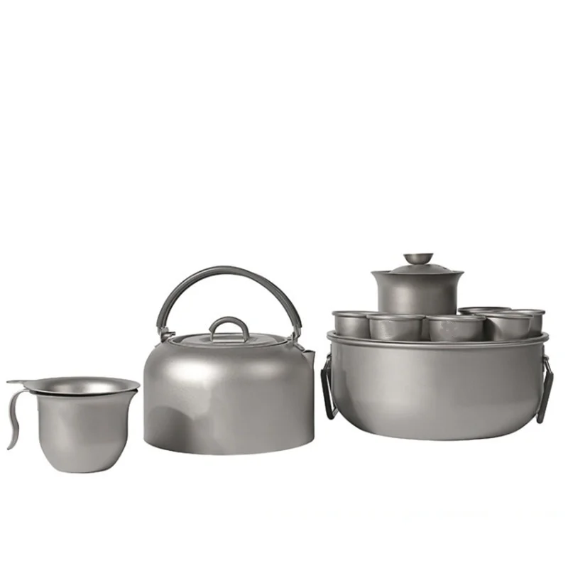 

Keith 1L Pure Titanium Kung Fu Tea Set Luxury Portable Outdoor Camping Cup Hiking Boiling Pot with Tea Plate Set Ultra Light