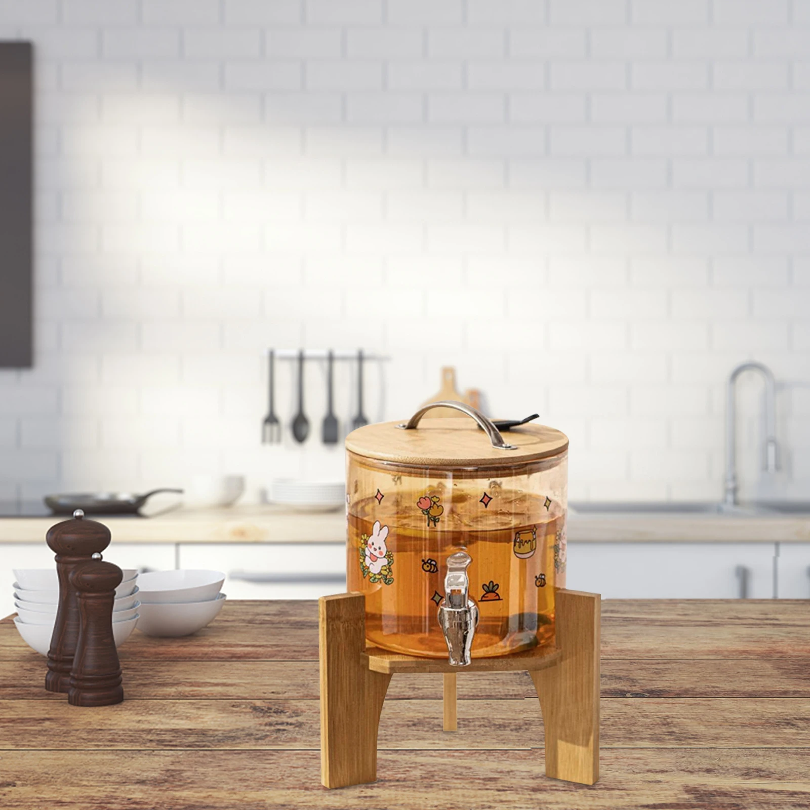 Bamboo Beverage Dispenser Stand Sturdy Drink Water Rack Strong Load Bearing Teapot Cold Kettle Holder Simple Design