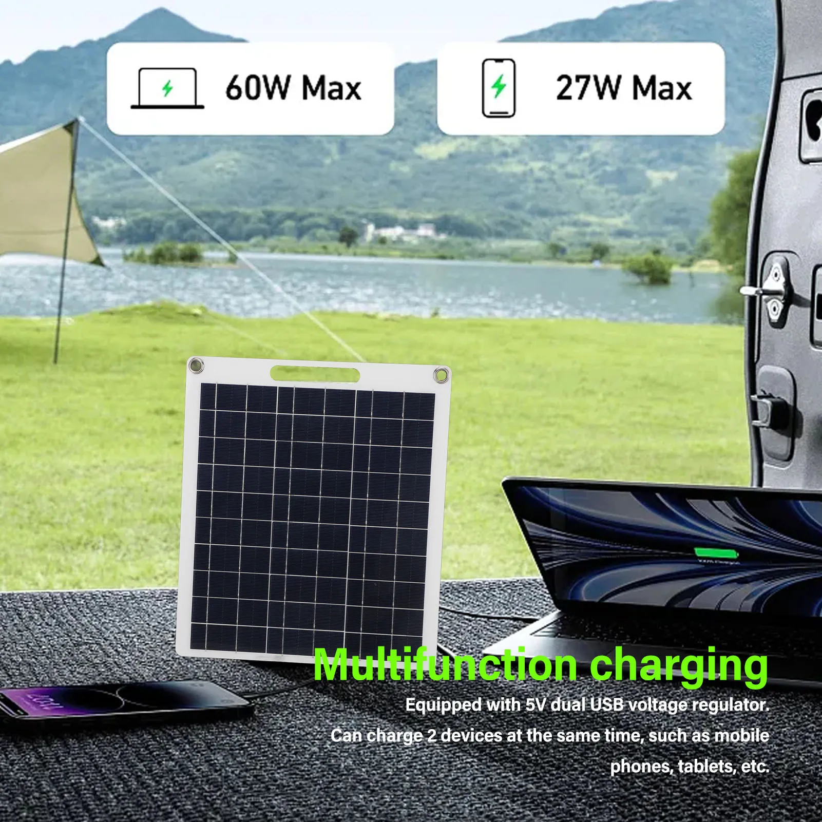 30W5V Solar Phone Charging Board Flexible Solar Panel Backpack Outdoor Charging Phone Dual USB Polycrystalline Silicon