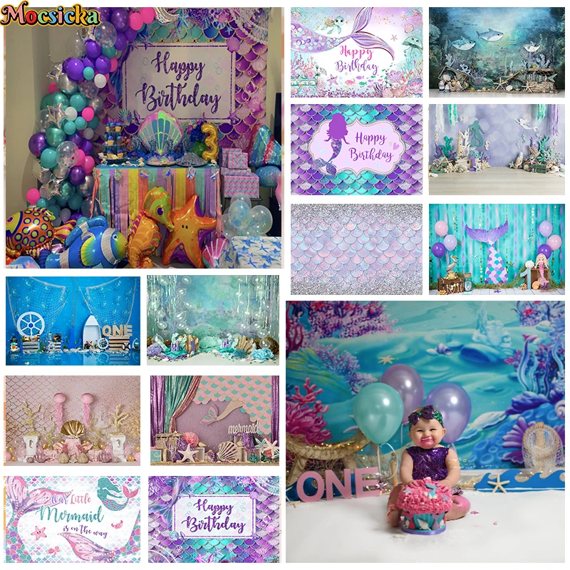 Bluey Mermaid Baby Shower 1st Birthday Backdrop For Photography Underwater World Portrait Photo Background Kid Photo Studio