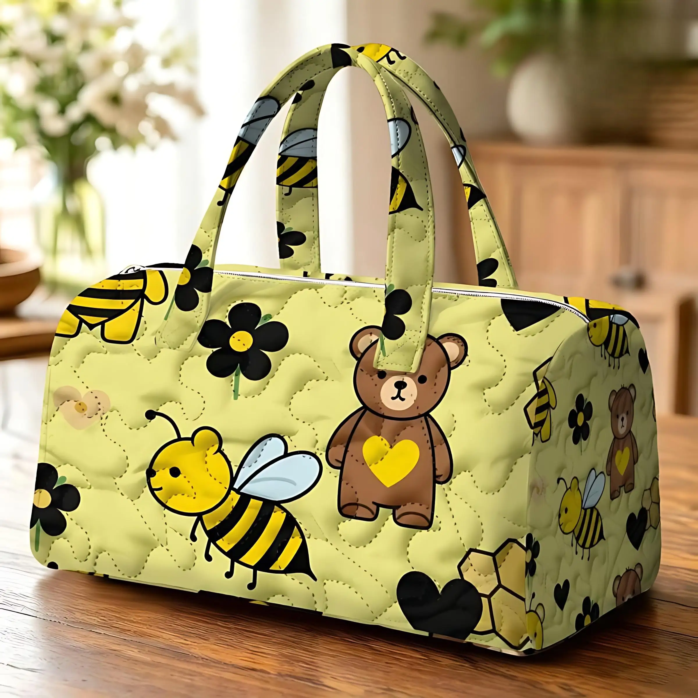 Bees and Bears Pattern Printed Fabric Large Capacity Portable Versatile and Fashionable Suitable for Travel Handbags