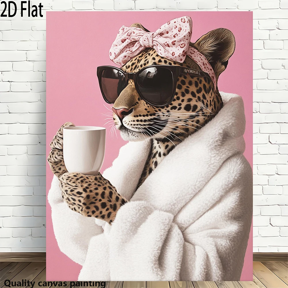 Chic Leopard with Sunglasses Canvas Painting, Funny Animal Wall Art in Bathrobe, Pink Background Decor for Modern Homes, Unique