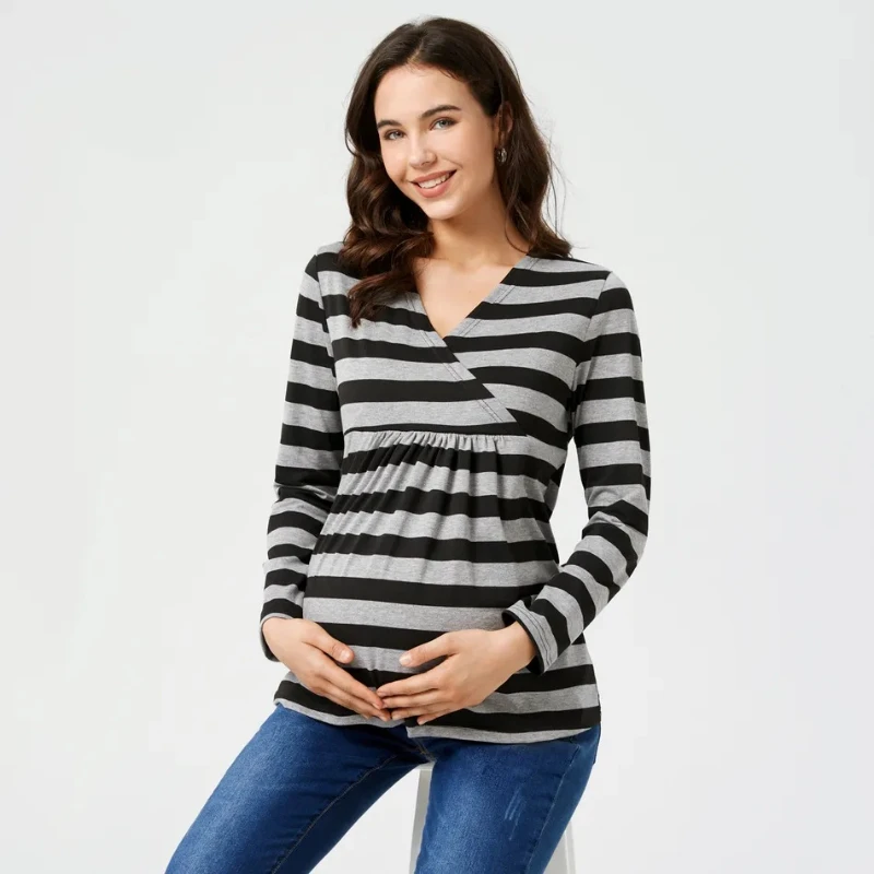 Women Stripe Maternity Long Sleeve Solid Color Nursing Tops T-shirt V-neck Fashion Casual Pregnant Breastfeeding Maternity Tops