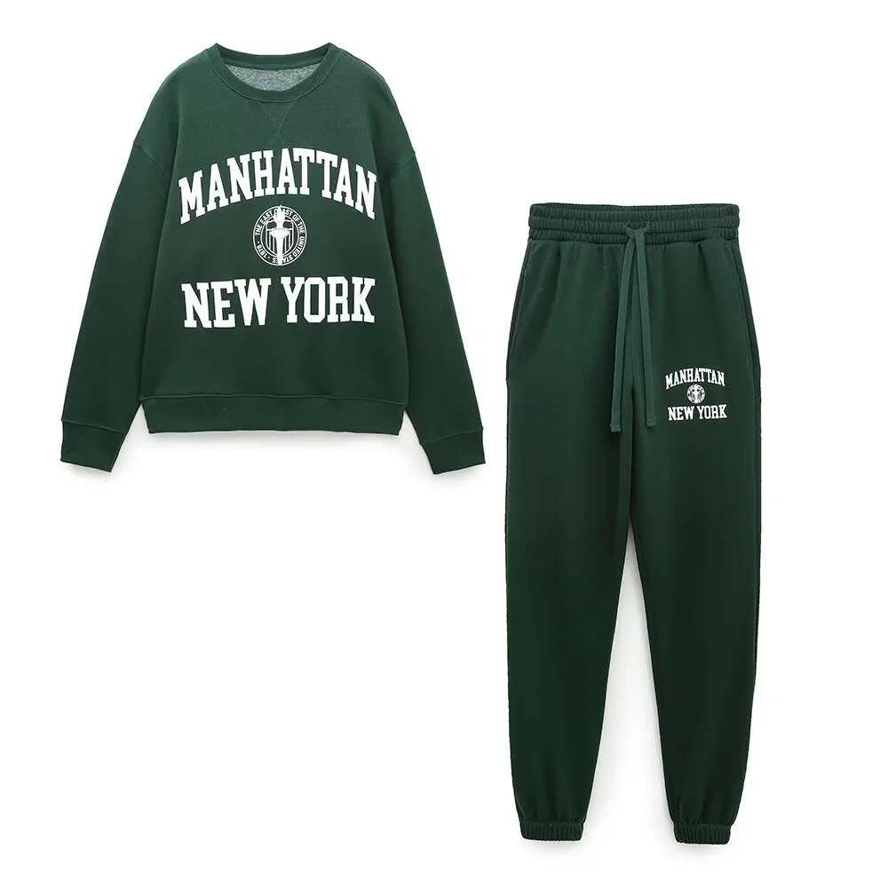 

Новинка зимы 2025 года, женская свободная универсальная повседневная утолщенная толстовка с круглым вырезом и принтом + брюки на шнурке