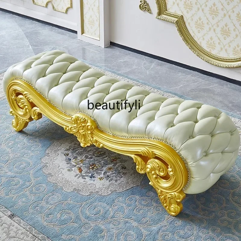 B178 Sail stool bedroom all solid wood leather log bed front stool bed tail couch engraved American style2936
