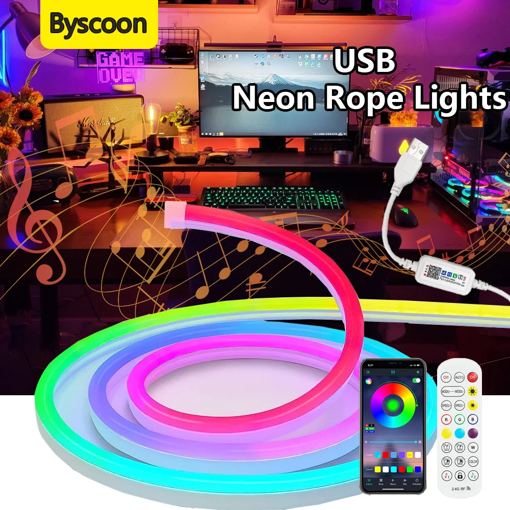 5V RGB IC Neon LED Strip Light USB 2-5M Waterproof Flexible Ribbon Tape Lights Music Sync with App Remote Control For Home Decor