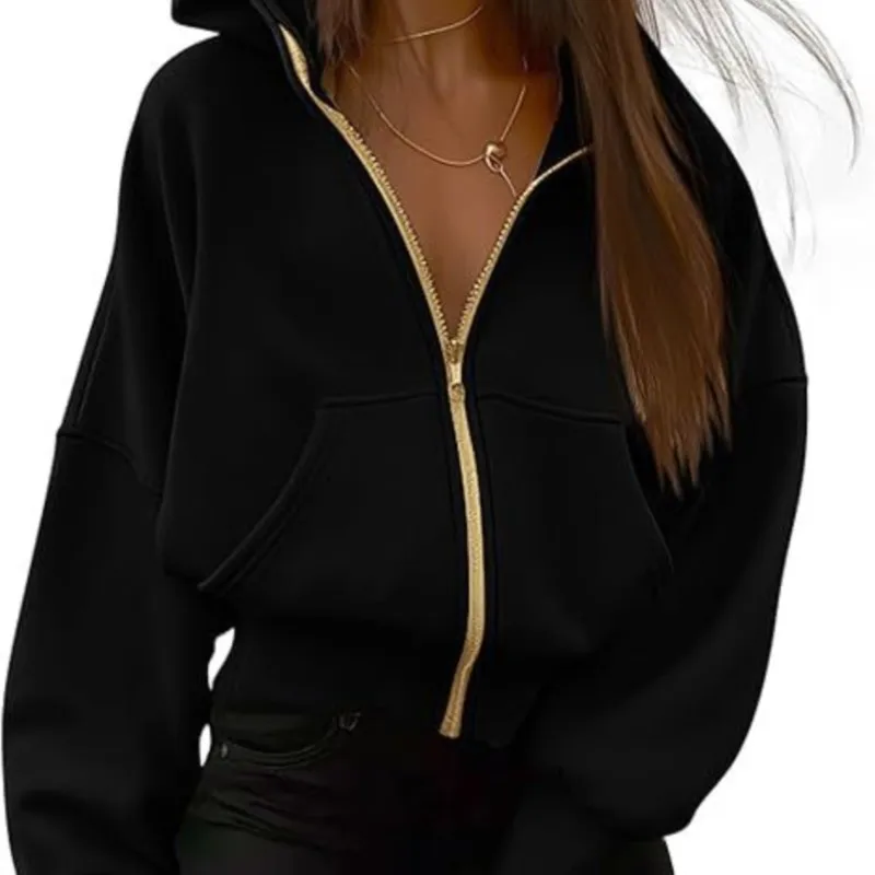 Autumn Winter New Women's Zipper Hooded Long Sleeved Short Sportswear Wool Hooded Jacket Fashionable Pocket Coat Vestes Femmes