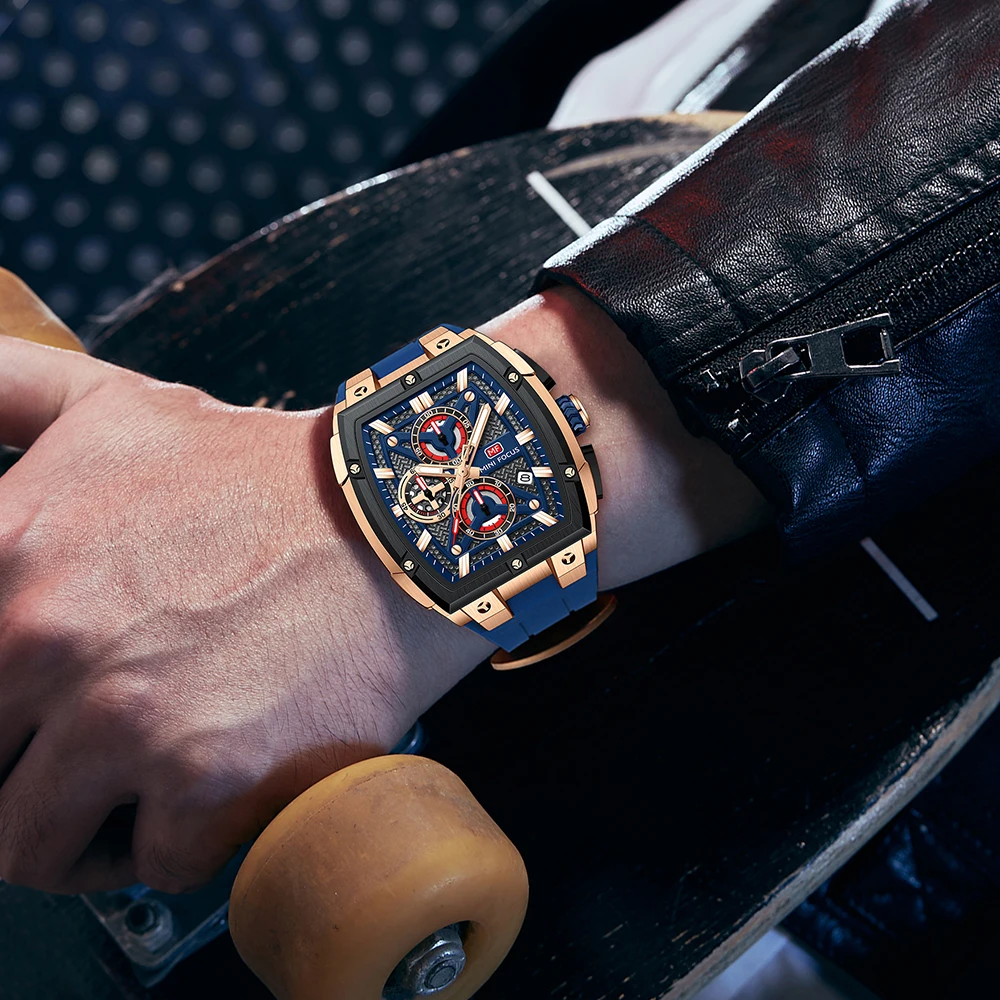 MINI FOCUS النبيذ برميل الهاتفي ساعة رجالية عصرية ليلة توهج الرياضة كرونوغراف في الهواء الطلق كوارتز ساعة اليد هدية الذكور