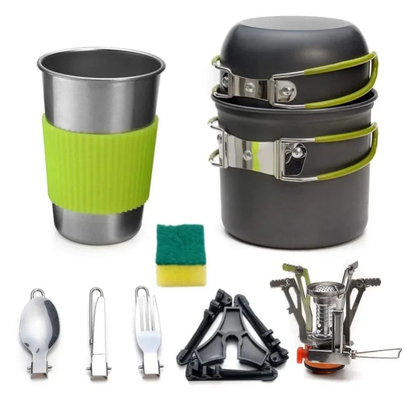 Camping-Kochgeschirr-Set, Tragbares Aluminium-Topfset mit Gasbrenner, Edelstahlbecher, Besteck & Gasdosenständer, Stapelbares Outdoor-Kochgeschirr für Wandern, Trekking, Picknick, Angeln, Bergsteigen