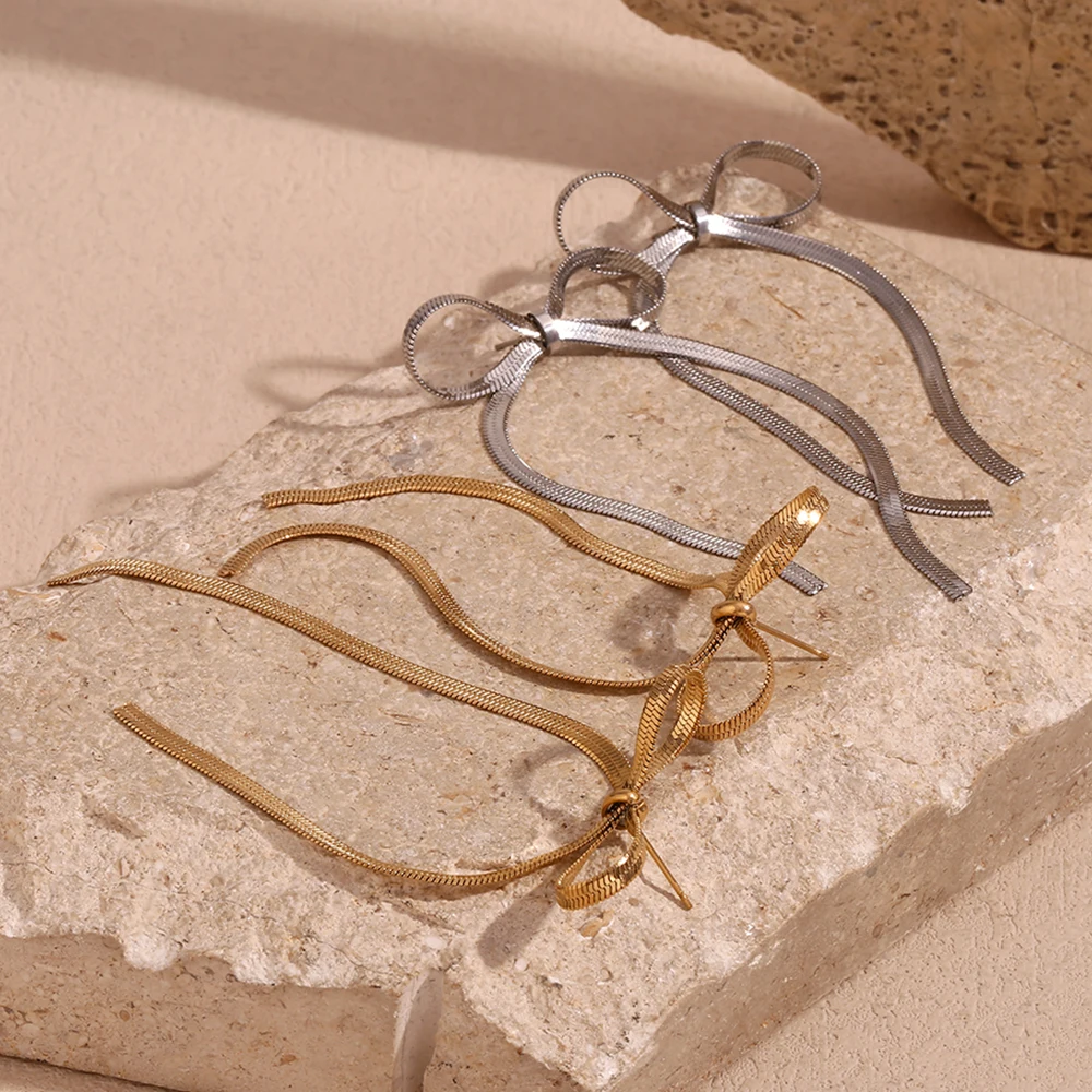 E.B.belle Blade Chain Bow Drop Earrings Tarnish Free 316L Stainless Steel Women\'s Earrings 18K Gold Plated Decoration