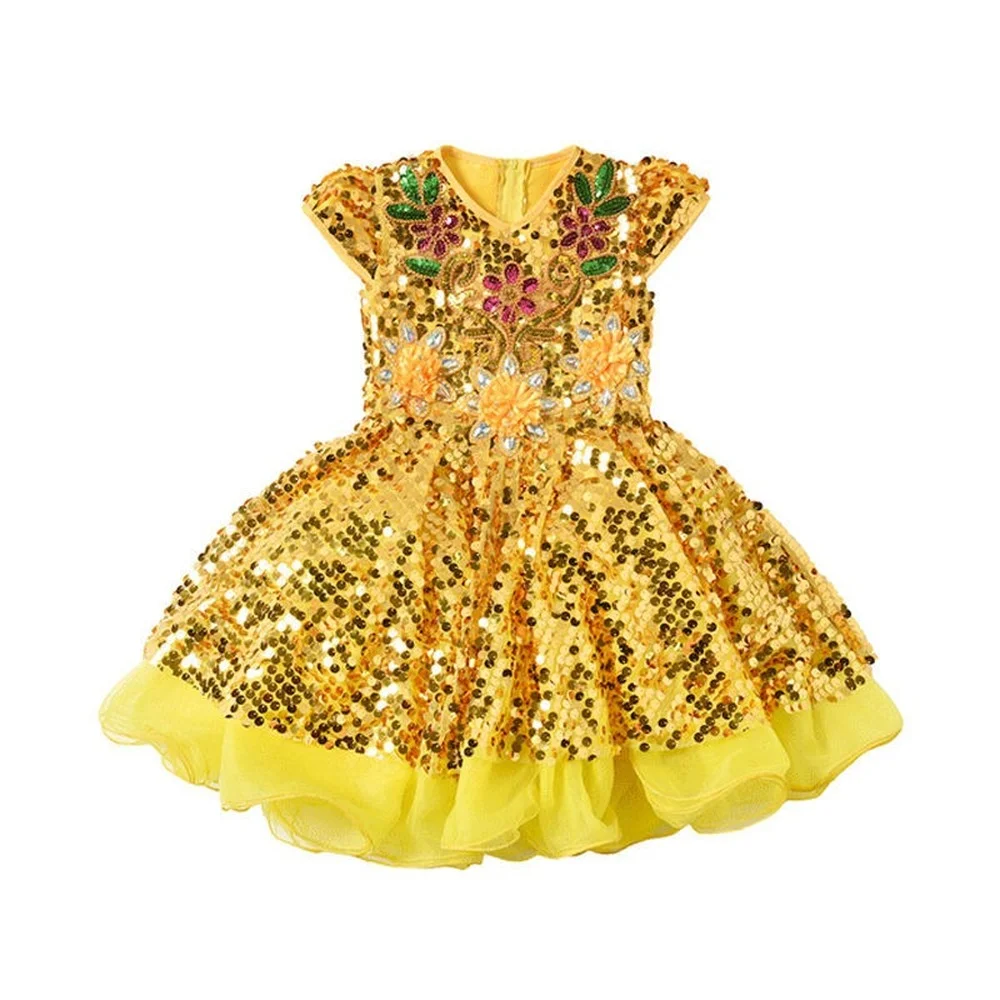 Sparkly 2022 Flower Girl Dresses Golden Sequined Kids Wedding Dresses Cheap Communion Gowns Little Girl Yellow Pageant Dress