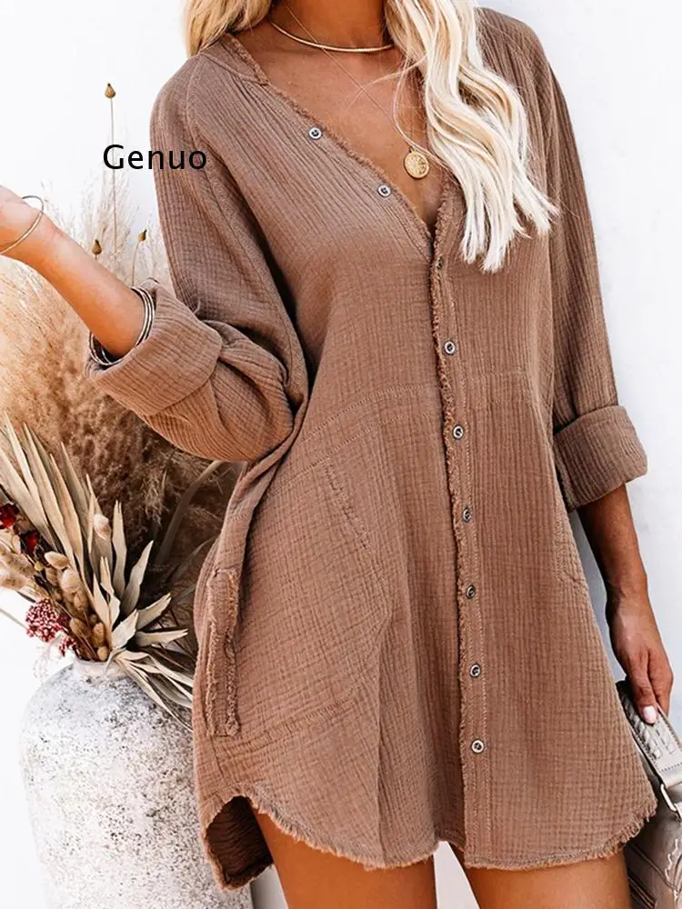 V Neck Loose Women Shirts Long Sleeve Solid Color Blouse Shirt Button Pockets Summer Autumn Women Tops 2021 New Dropshipping