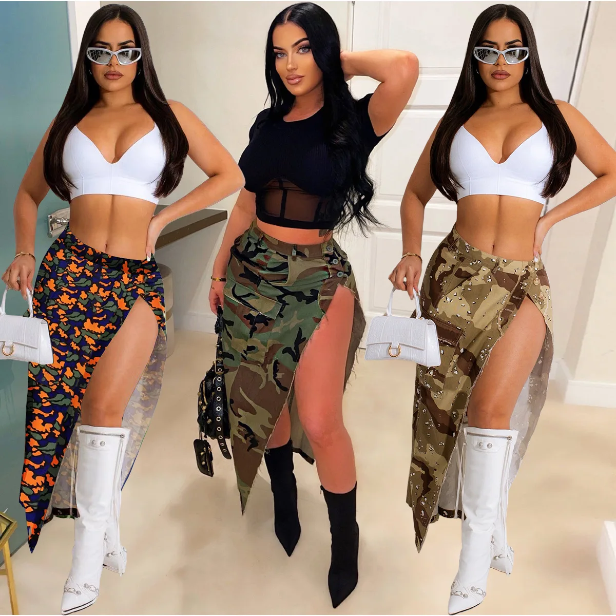 

Fashion Camo Printed Irregular Button Women Denim Long Skirt Summer High Waist Camouflage Split Skirts Streetwear Casual Bottoms