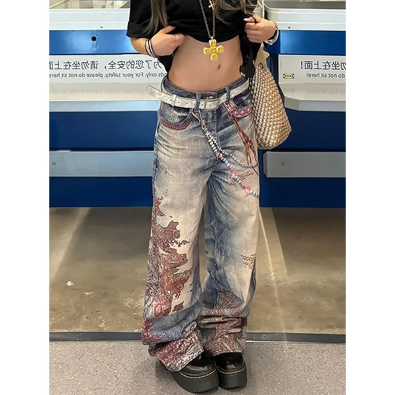 

Американские повседневные женские джинсы High Street, прямые брюки с принтом, деконструированные джинсовые брюки, свободный крой, удобная мода, лето