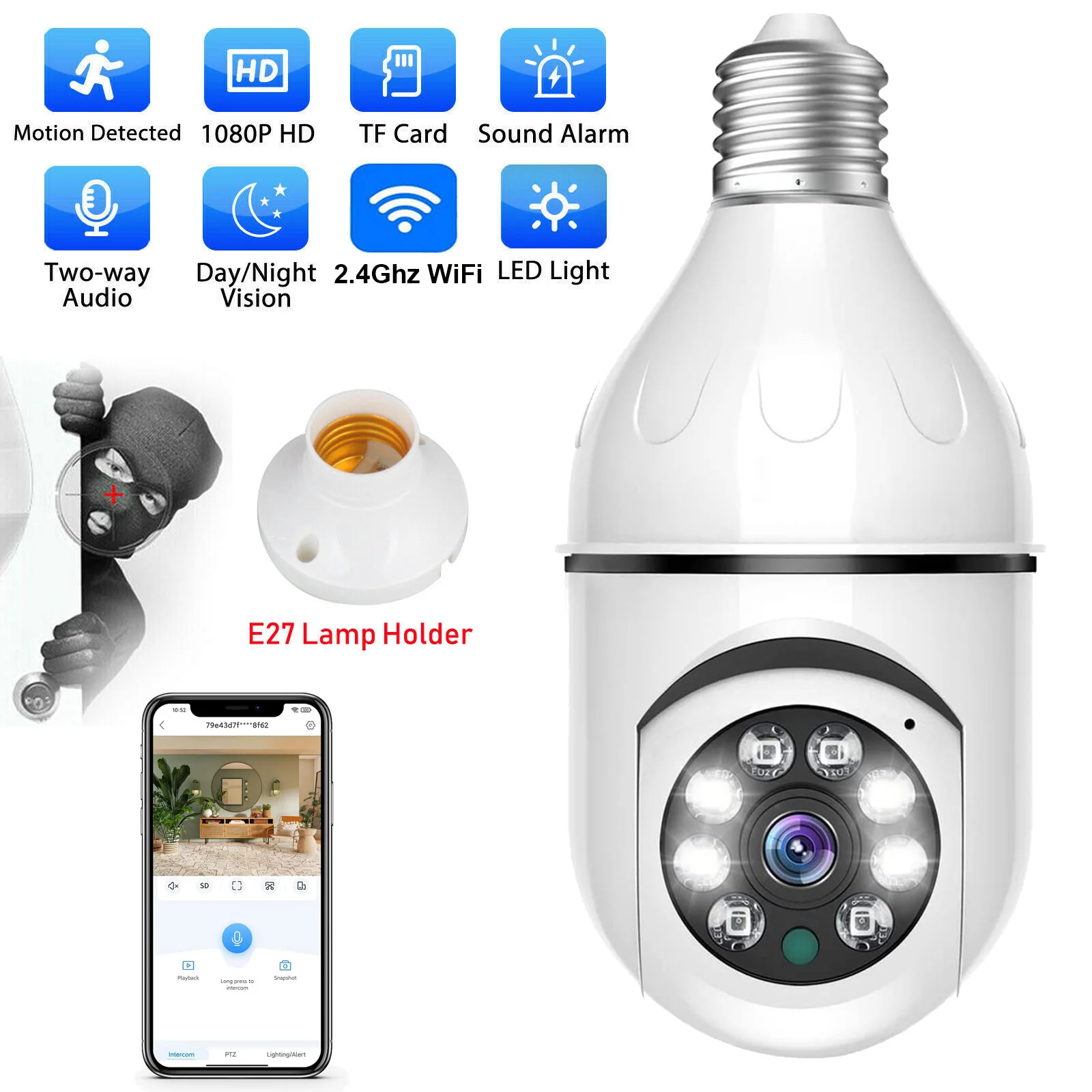 

Wireless Bulb Camera Video Surveillance Camera Baby Monitor WiFi Home Security Protection Color Night Vision Auto Tracking 2.4G