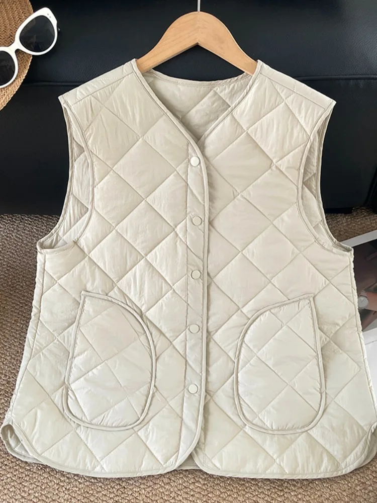 

Retro Diamond Pattern Lightweight Cotton Vest Women's Autumn Winter Loose Slimming Svel oulder Pad Warm Top