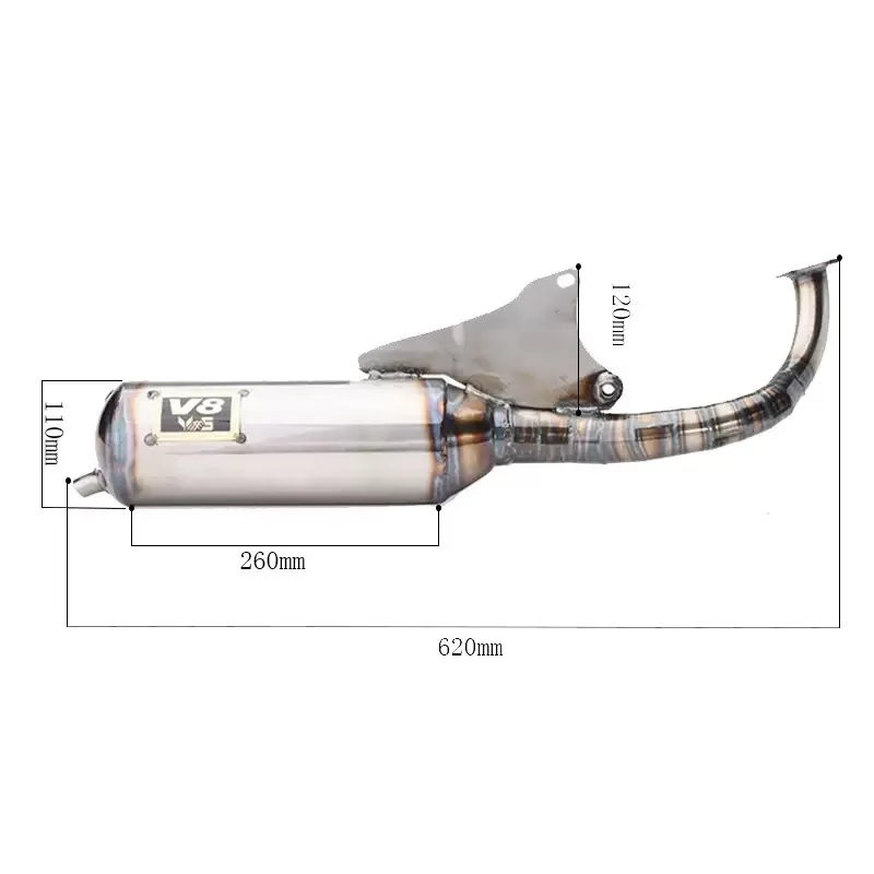 V8 Handmade Full Section Exhaust Pipe For Yamaha JOG50 3KJ ZR EVO JOG90, 2 Stroke Racing Exhaust, 11 Segments Welded Pipe, Stain