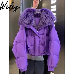 Casaco espesso de manga comprida feminino com gola de pele, roupas de algodão, quente, roxo, streetwear, feminino, high-end, inverno, 2024