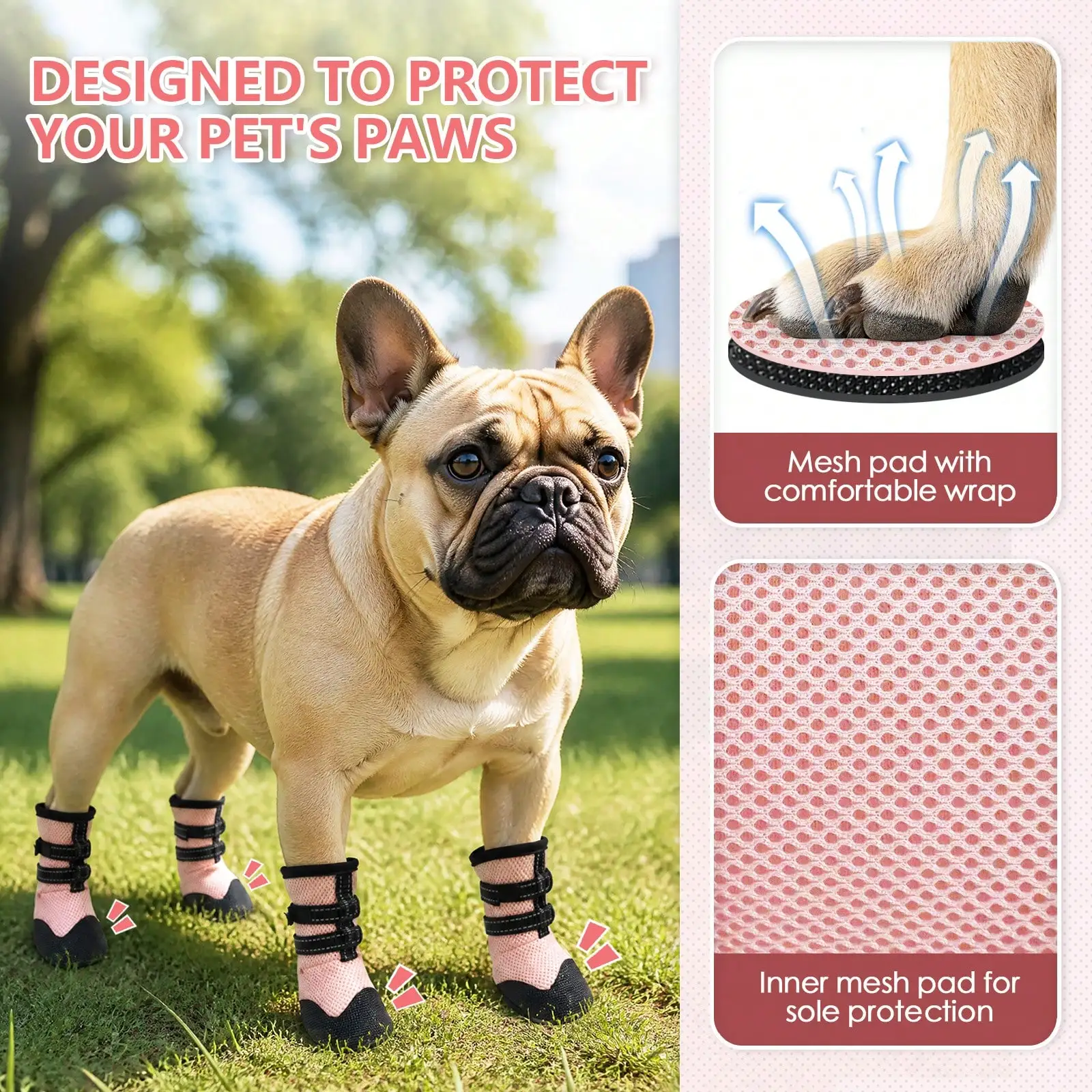 Breathable Mesh Dog Shoes – Non-Slip Side Design With Adjustable Straps & Reflective Strips, Comfortable Anti-Scratch Paw Protector For Outdoor Walks, Travel, And Daily Use
