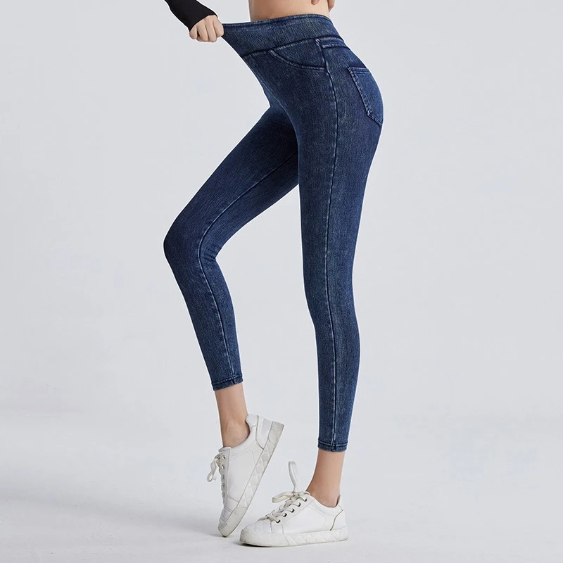 Sexy  Trend High Waist Faux Jeans Women Skinny Lift Hip Tummy Stretch Fitness Casual Pants  Outer Pockets Y2k Clothes Gothic
