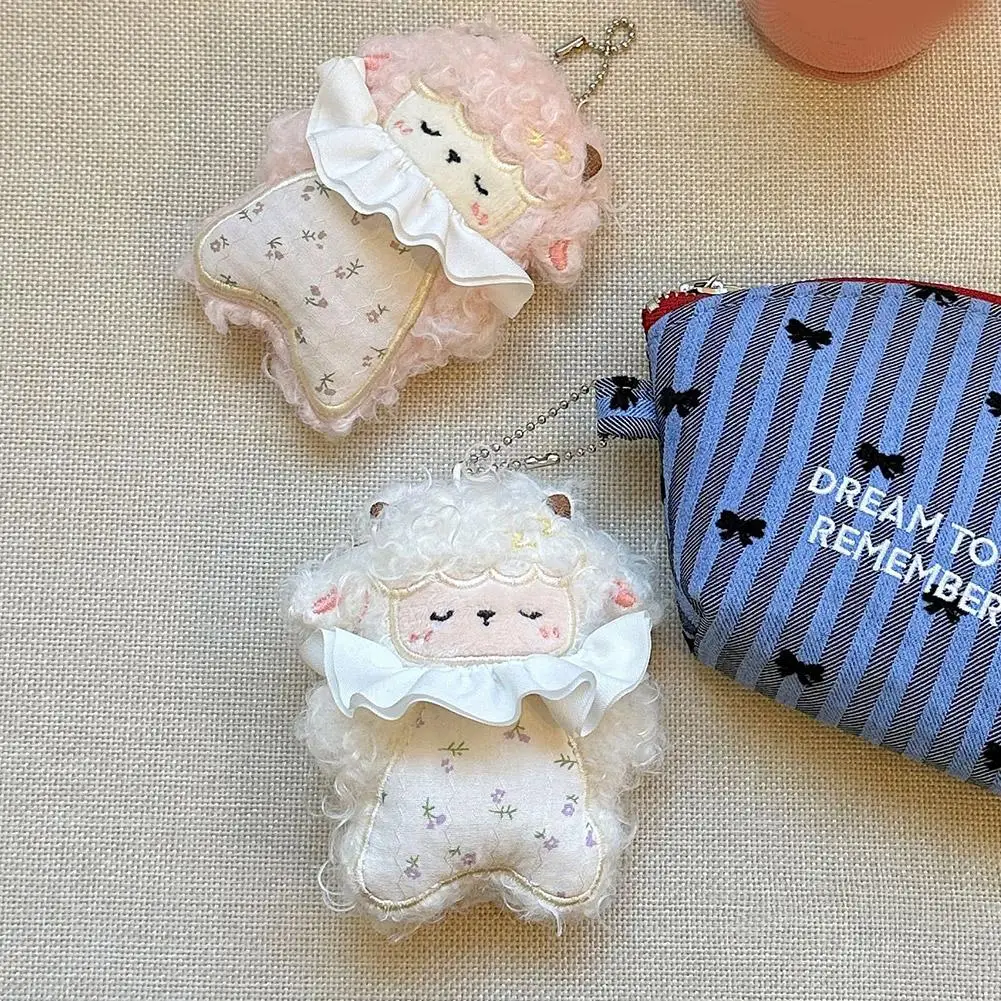 Kawaii Plush Sheep Keychain Floral Lamb Doll Sleeping Stuffed Animal Bag Charm Ruffle Collar Backpack Pendant Cute Girl Gifts
