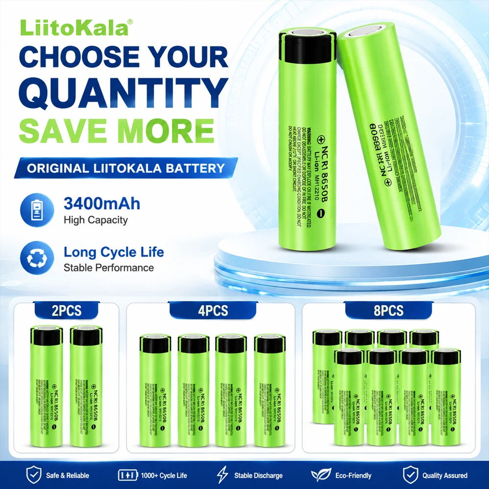 LiitoKala 18650 Akku 3400mAh 3.7V 34B Wiederaufladbarer Li-Ionen-Akku mit flachem Anschluss und hoher Kapazität für Taschenlampen, LED-Leuchten und Powerbanks – Detail 6