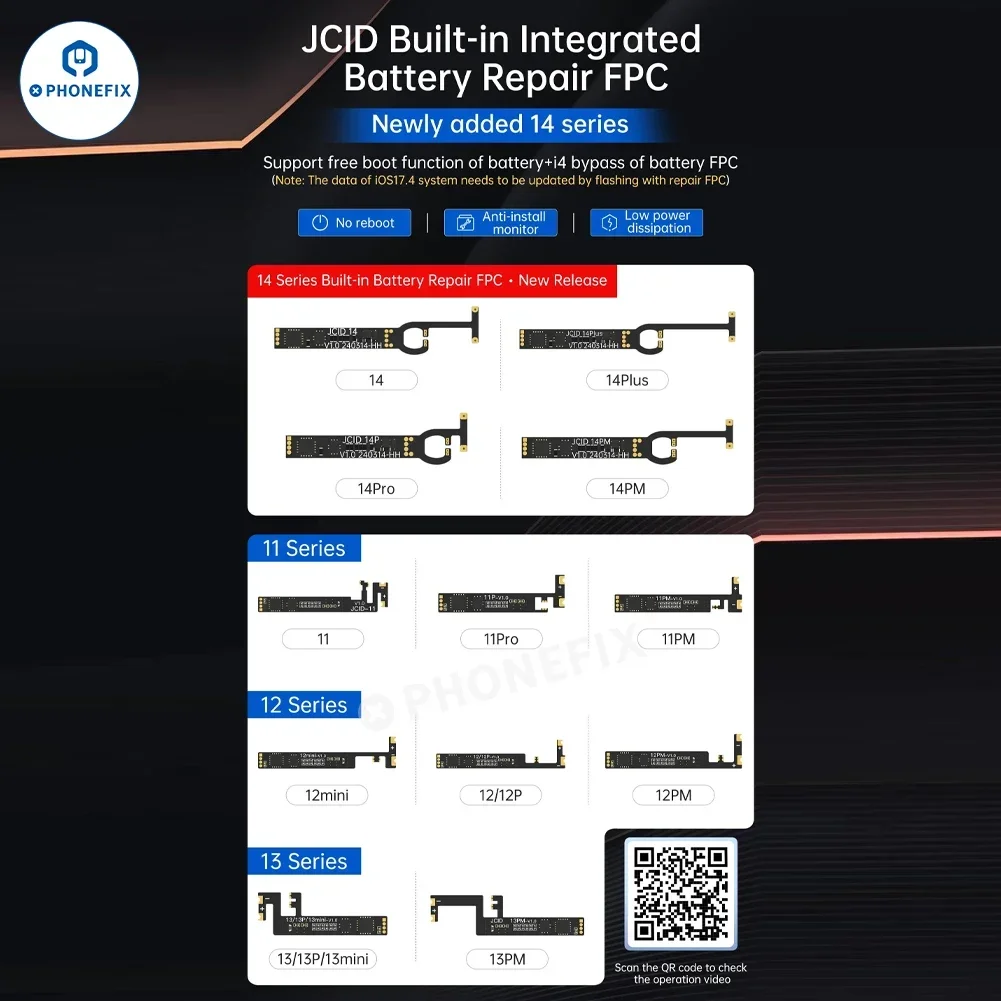 JCID penguji efisiensi baterai bawaan FPC Flex Free Booting untuk IPhone 11-14PM penguji efisiensi baterai mengembalikan kesehatan baterai Ke 100%