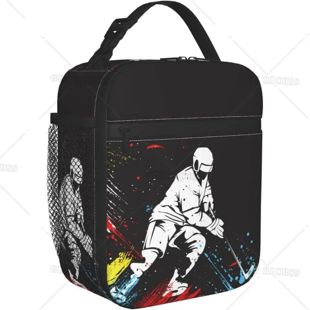 

A Ice Hockey Player Insulated Lunch Box for Sport Boys Girls Lovers, Black Cooler Thermal Lunch Bag with Water Bottle Holder