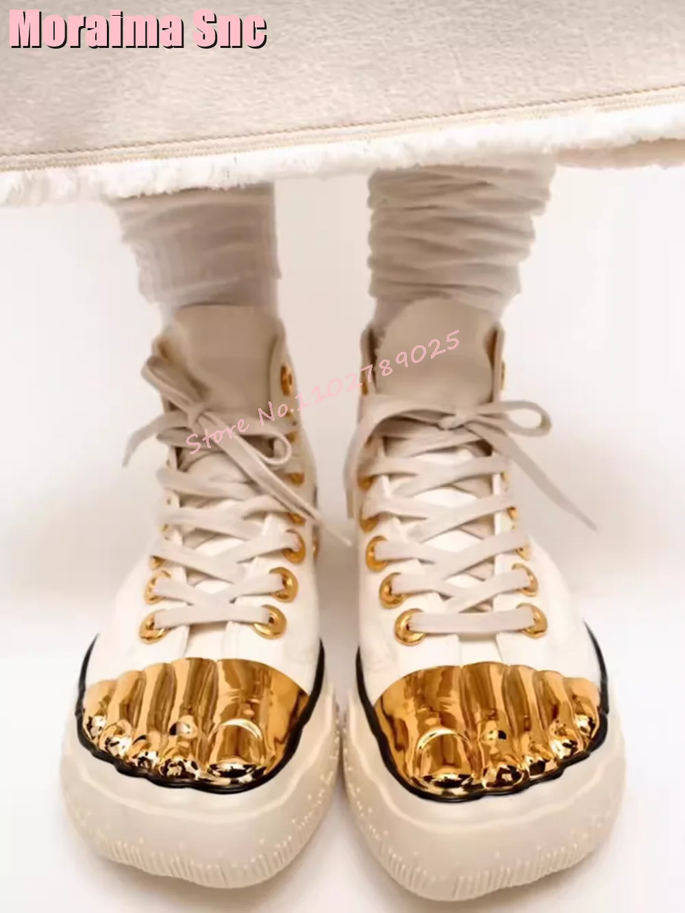 2024 New Canvas Golden Toes Shape Sneakers Lace-up Thick Bottom White Fashion Unique Women Couple Shoes Outdoor Casual Summer