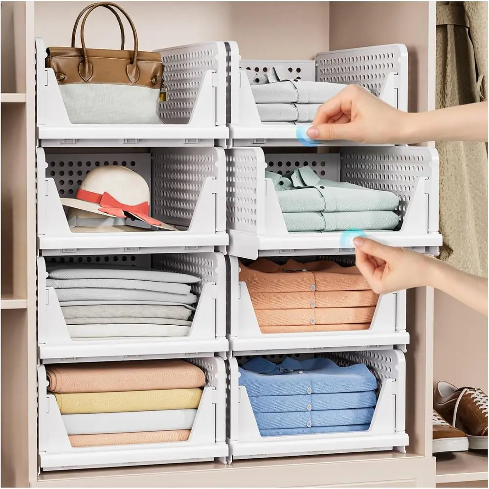8 Pack Stackable Closet Storage Basket - Stackable Storage Bins, Multiunctional & oldable Closet Organizer Waterproo, Wardrobe C
