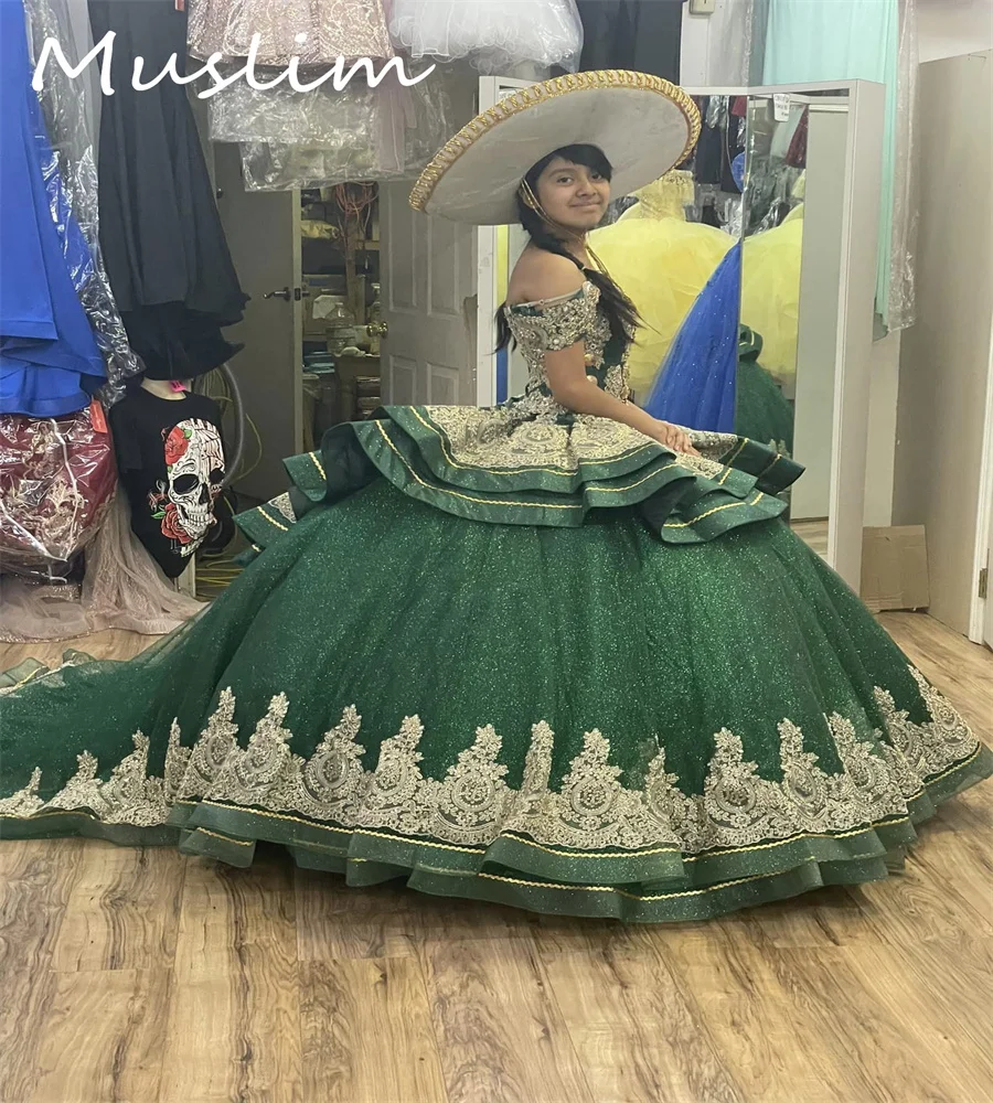 Mexican Charro Quinceanera Dress 2025 Green Sparkly Puffy Sixteen Birthday Gown Vintage Vestidos 15 Años Ballkleider Customized