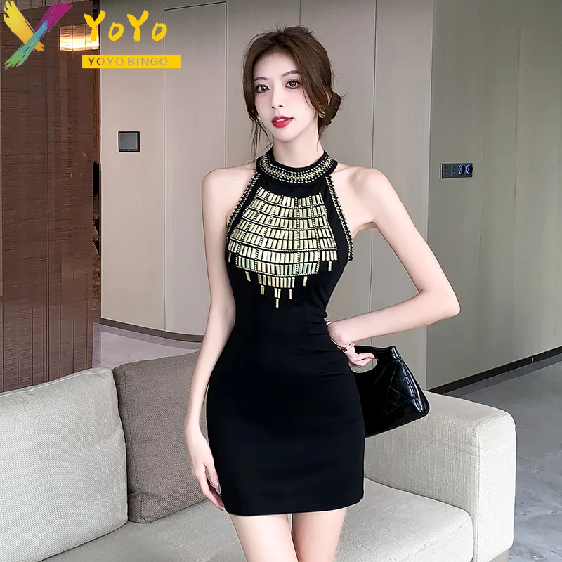 Sexy Black Sequin Sleeveless Hanging Neck O-neck Party Dresses 2024 Summer Fashion Elegant Slim Bodycon Luxury Nightclub Dress