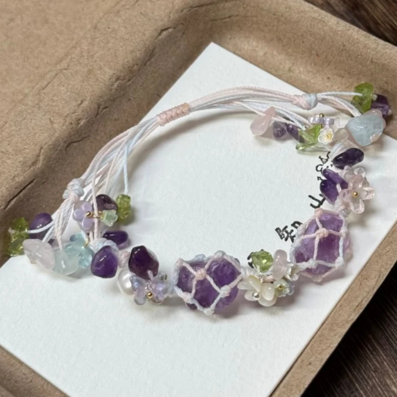 Fashionable Adjustable Purple Crystal Bracelets Hand-woven Mesh Bag Hand Rope Wreath Girl Festival Party Gift