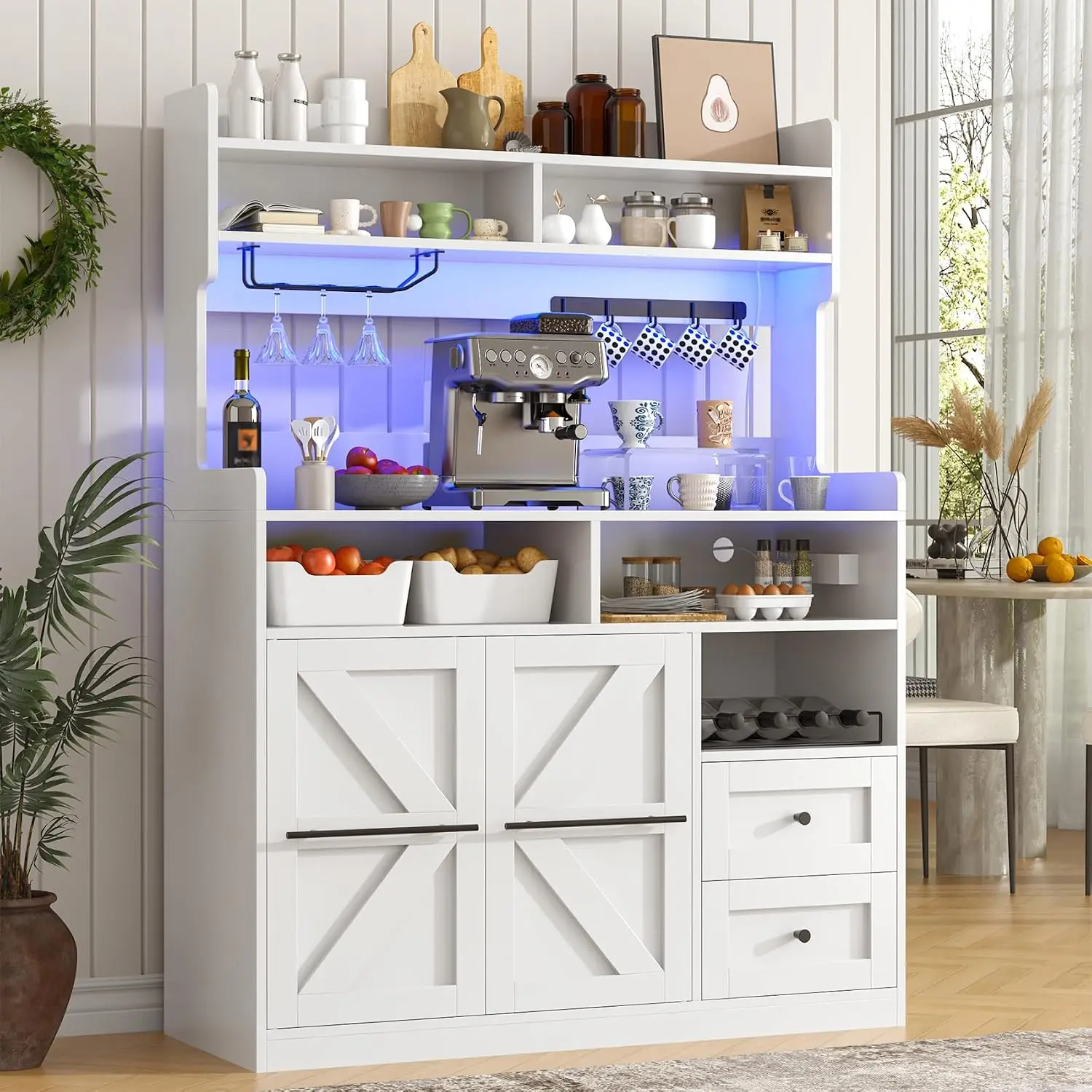 Hutch Storage Buffet Cabinet with Drawers, and Charging Station, Coffee Bar Cabinet with Barn Doors, Wine Rack, Customized
