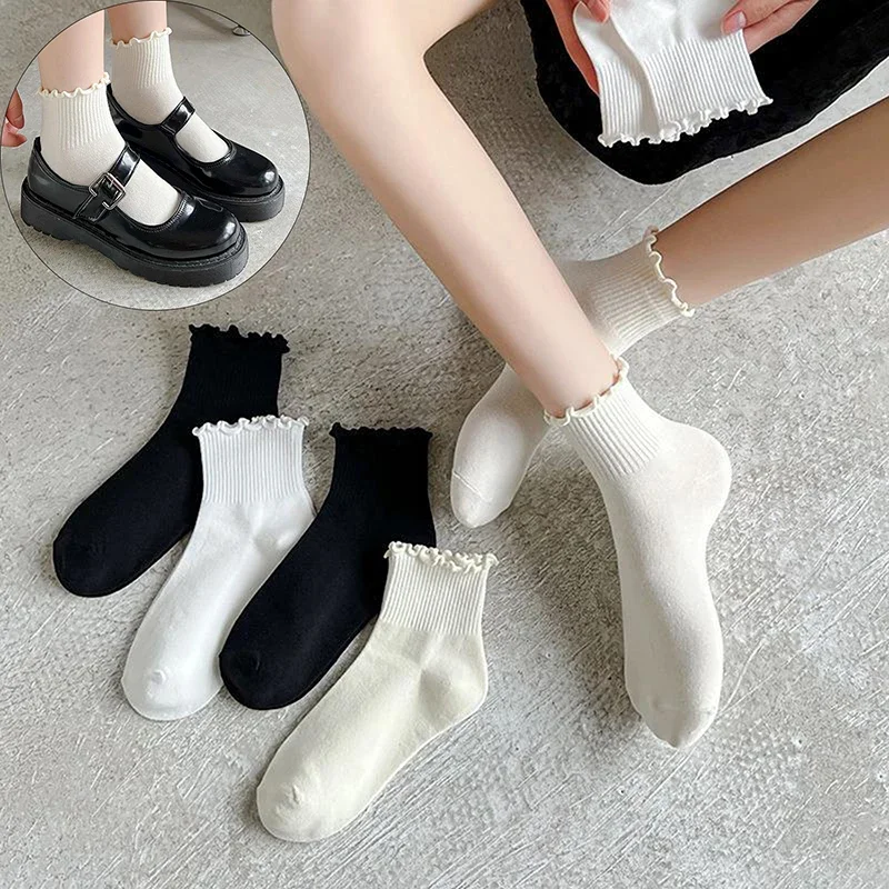 New Cotton Ruffles Ankle Socks Women INS Summer Cute Kawaii Korean Sock Girl Spring Black White Middle Tube Japanese Sox