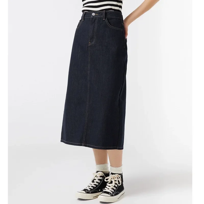

Pop Denim Skirt Casual Elastic Slimming Side Slit High-Waisted A- Line Skirt 2024 Summer New Arrival Dining Table Skirt