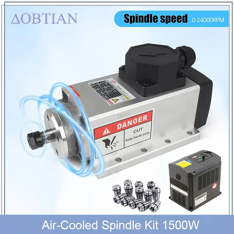 CNC 1.5kw 220V 110V Air-Cooled Spindle Kit 1500W Square Air Cooling Spindle Motor + 1.5KW YL VFD Inverter +13pcs/set ER11