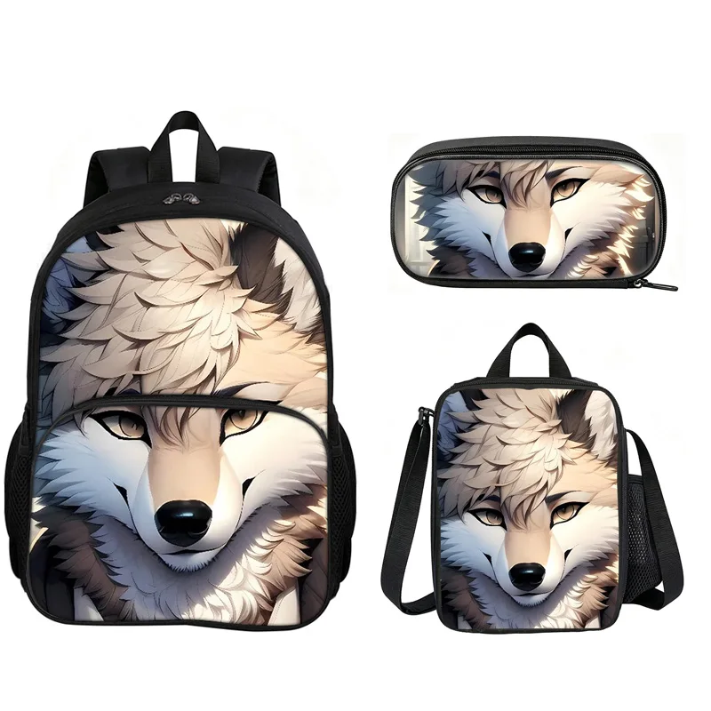 Wolf 3Pcs Set with Front Pocket Backpack School Bag  with Lunch Bag Pencil Case Lightweight Large Capacity Multi-function