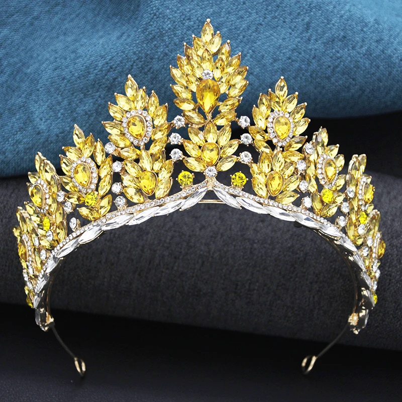 Baroque Yellow Crystal Tiaras for Women Bride Diadem Wedding Crown Bridal Hair Jewelry Party Dress Head Accessories