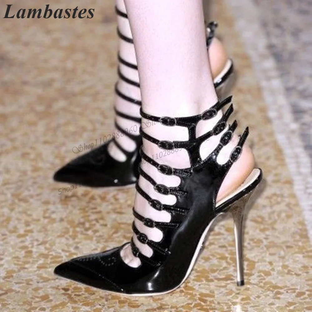 Black Patent Leather Belt Buckle Strap Sandals Thin High Heel Women Shoes Ankle Buckle Strap Pointed Toe 2023 Zapatillas Mujer