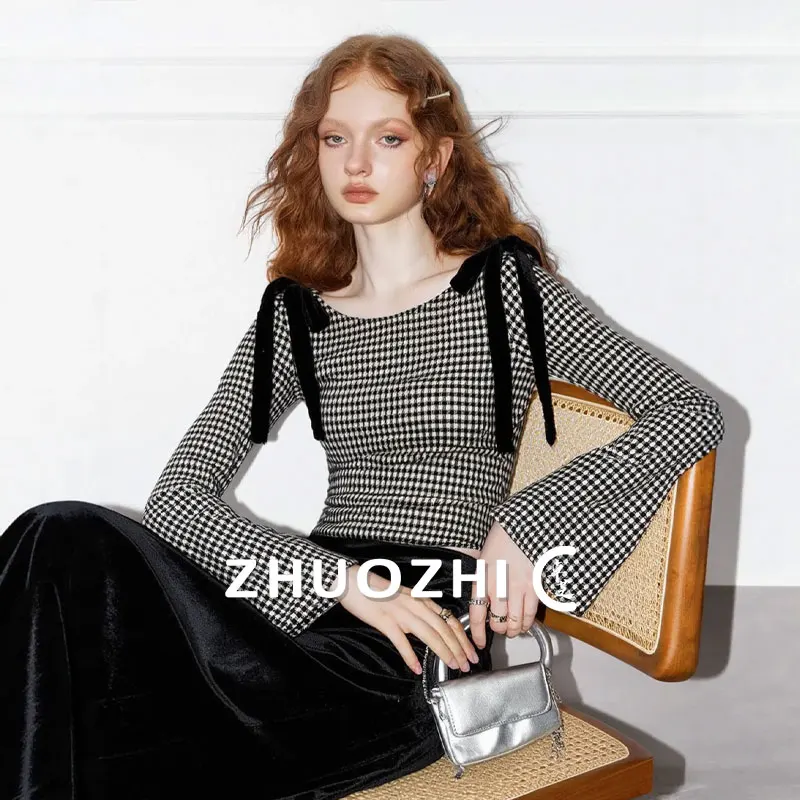 

Женская модная повседневная рубашка ZhuoZhi Slim Fit в полоску с длинным рукавом, черно-белая, расклешенная, осенняя новинка